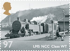 The 97p stamp which features an LMS (Northern Counties Committee) Class WT - Engine No 2 shown here at Larne Town, circa 1947
