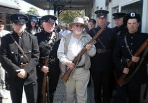 DCDR Chairman Michael Collins looks as if he is about to go on safari with a squad of B-Specials during filming for a new TG4 series